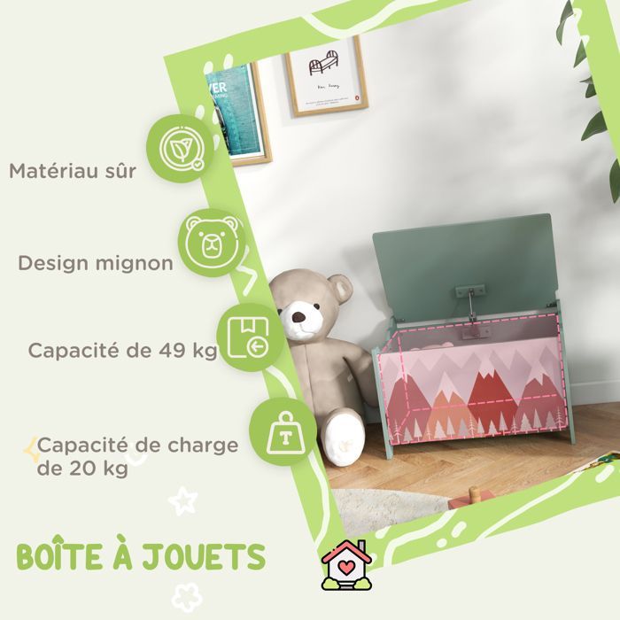 Coffre à jouet enfant - coffre de rangement enfant - ZONEKIZ - motif de forêt, couvercle rabattable - 60 x 37 x 39 cm - vert