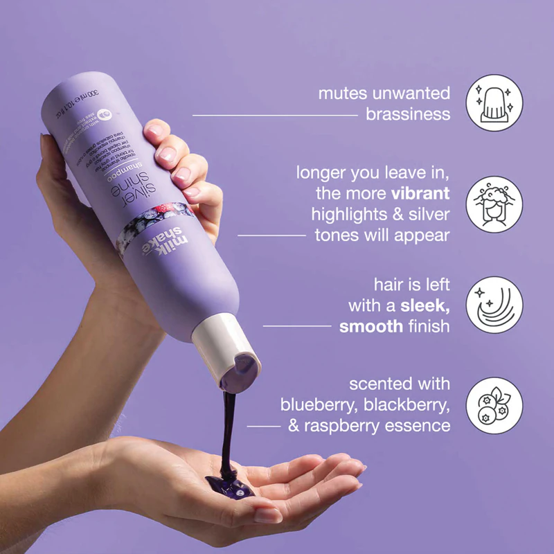 shampoo milk_shake® Silver Shine para cabelos loiros neutraliza os tons amarelados.