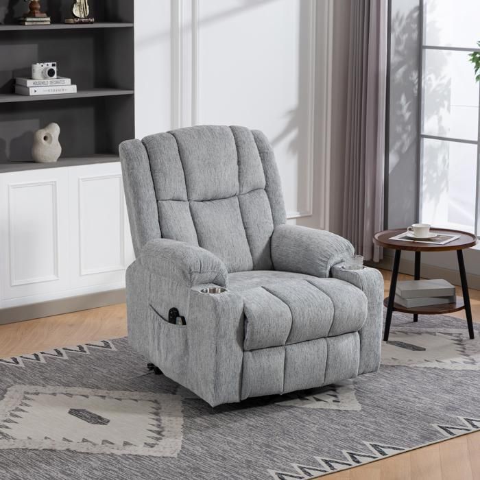 Sedia a rotelle elettrica regolabile (grigio chiaro): ausilio per alzarsi, massaggio, riscaldamento, poggiapiedi, 2 tasche, portabicchiere (per anziani)