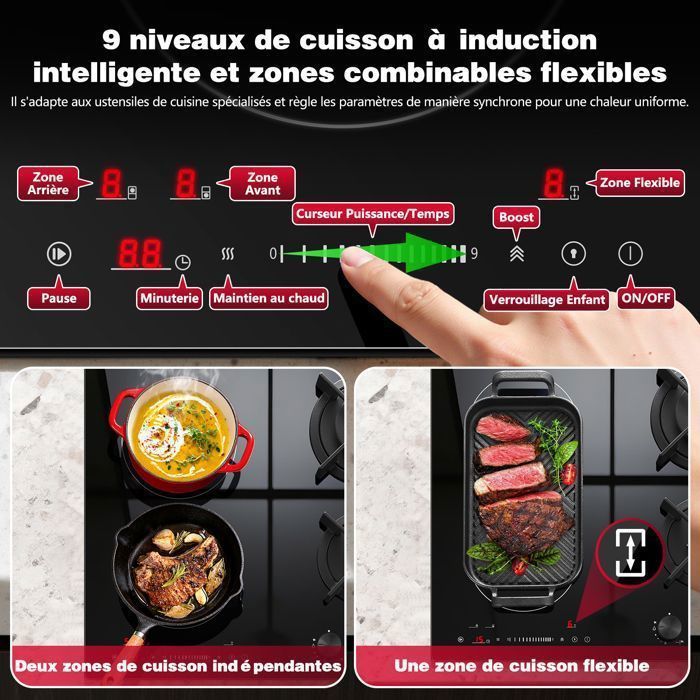 Gas and induction combination hob, 59 cm wide, 3400 W gas with wok burner, 2500 W induction, built-in black glass, natural gas/LPG
