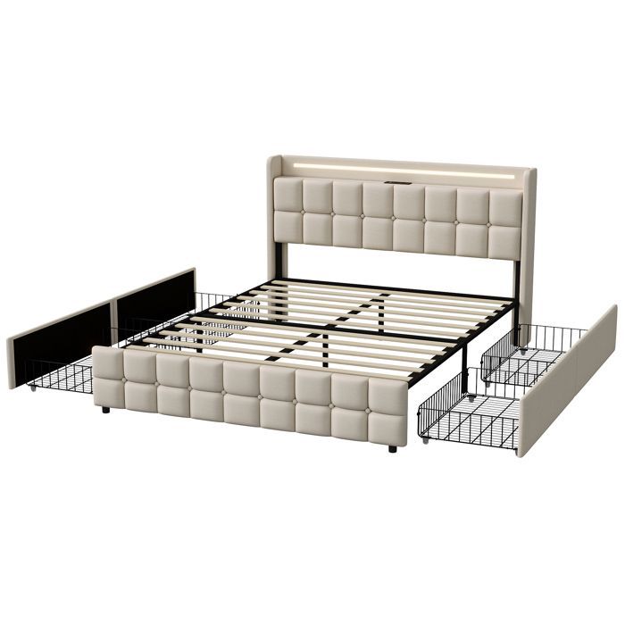 Cama doble con cajones de 160x200 cm, puerto USB, cabecero LED, con 4 cajones, ropa de cama, somier de láminas, apta para adultos - beige