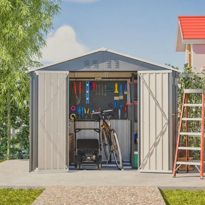 Caseta de jardín metálica - LANGTU - 229 x 180 cm - Antracita - Puerta doble de 106 cm - Acero galvanizado resistente a la corrosión
