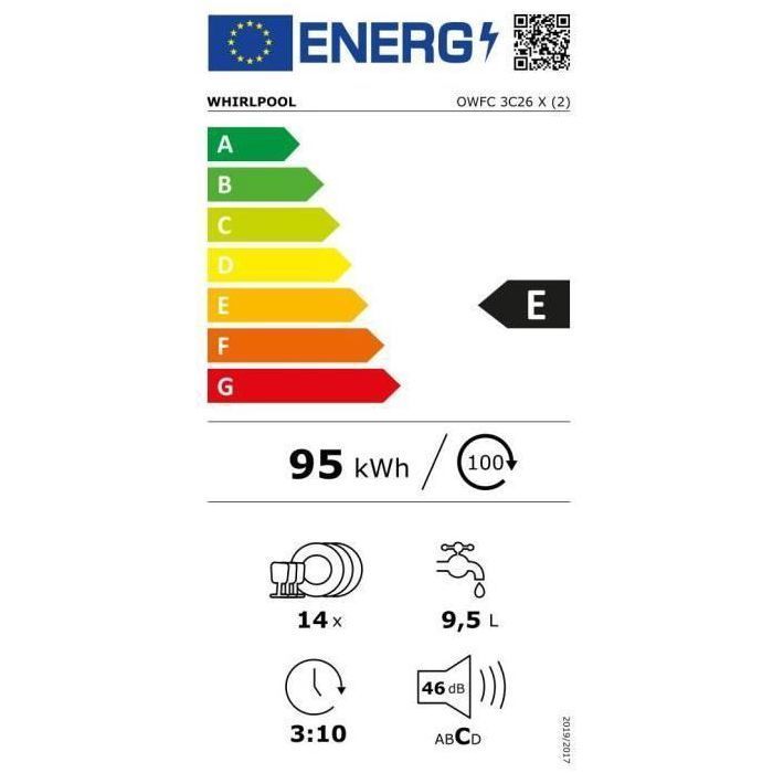 Lave-vaisselle pose libre WHIRLPOOL OWFC3C26X - 14 couverts - Induction - L60cm - 46dB - Inox/silver