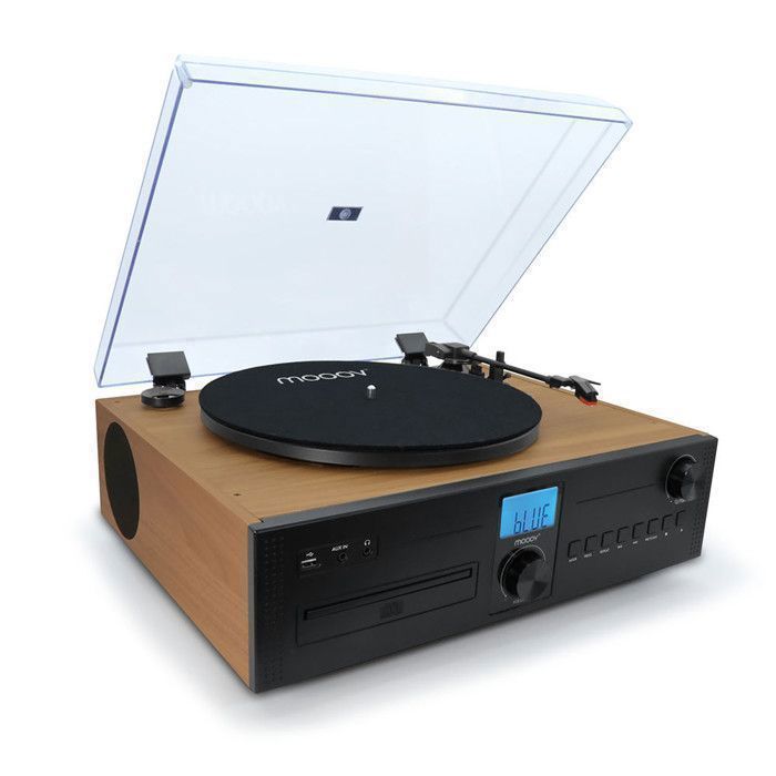 Mooov 477365 Micro-chaîne HiFi, Lecteur CD Radio, Platine Vinyle 33, 45, 78 Tours Stéréo Bluetooth - Haut-Parleur Intégrés - Bois