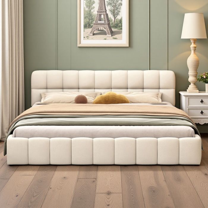 Lit Double - Design Moderne - 160x200cm - Tête de Lit Capitonnée - Sommier Intégré Résistant