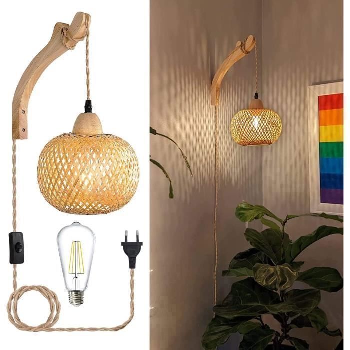 Luminária de parede retrô de madeira para interiores, estilo lanterna de bambu, design criativo com soquete E27, plugue e interruptor (lâmpada inclusa).