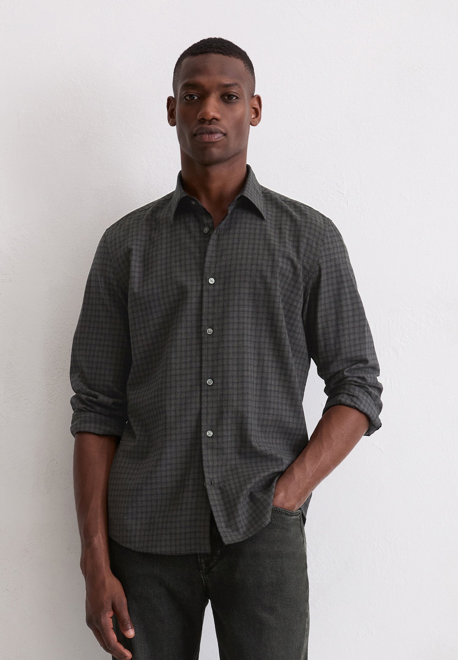 Chemise Marc O'Polo à col Kent, manches longues, sans poche, ourlet arrondi - multicolore/noir