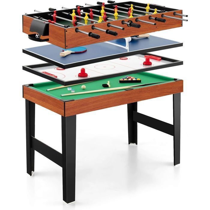 Mesa multijuegos 4 en 1 COSTWAY - Futbolín, ping pong, billar, hockey de aire para niños - 125x97x83 cm - Madera - Accesorios completos - Para mayores de 3 años - Marrón