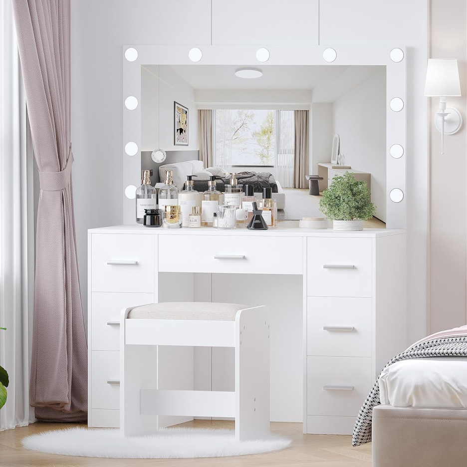 Sminkbord med pall, sminkbord med upplyst spegel, 3 färglägen för belysning, justerbar ljusstyrka, sminkbord