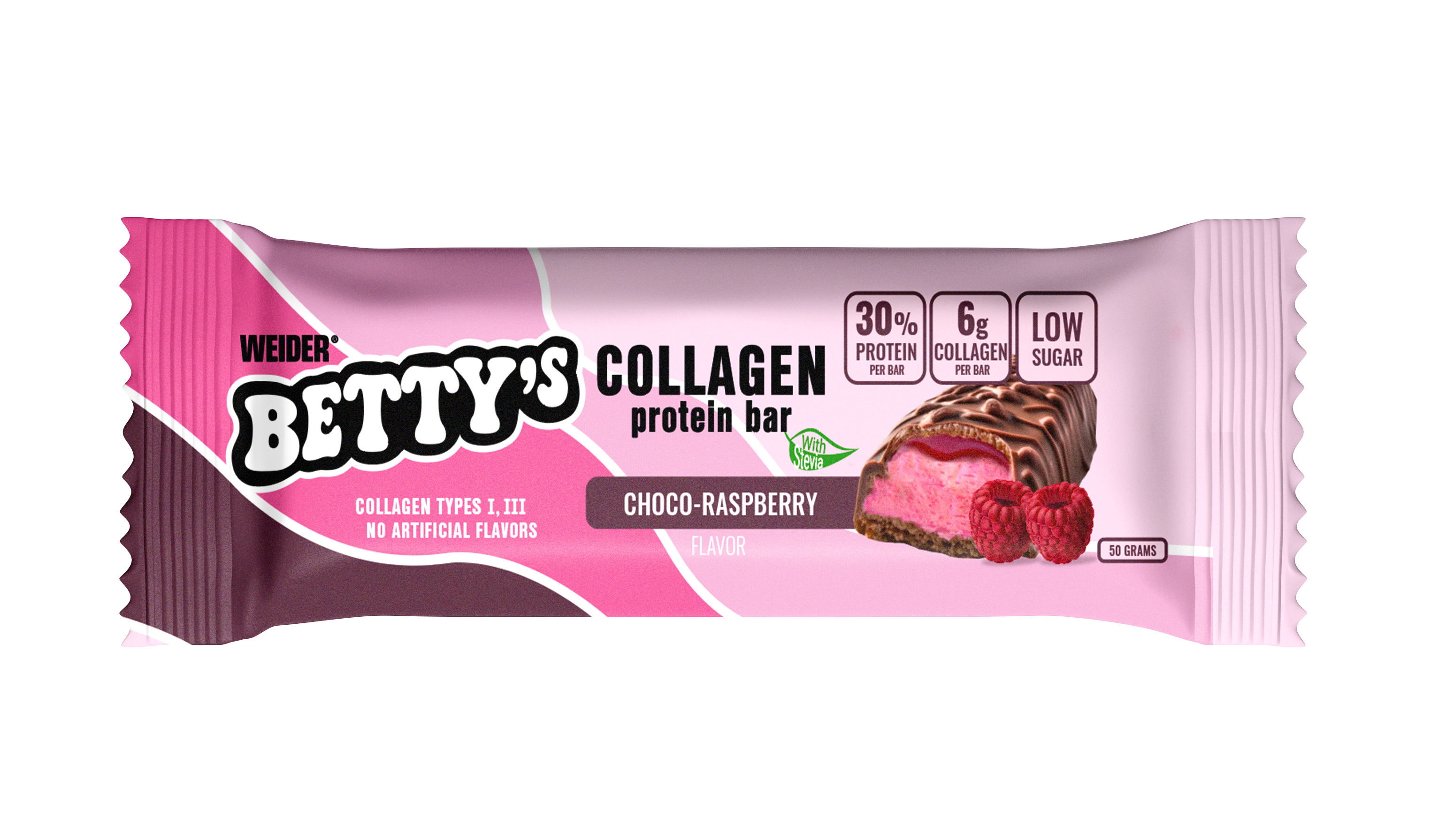 Betty's kolageno baltymų batonėlis su šokolado ir aviečių skonio aliejumi