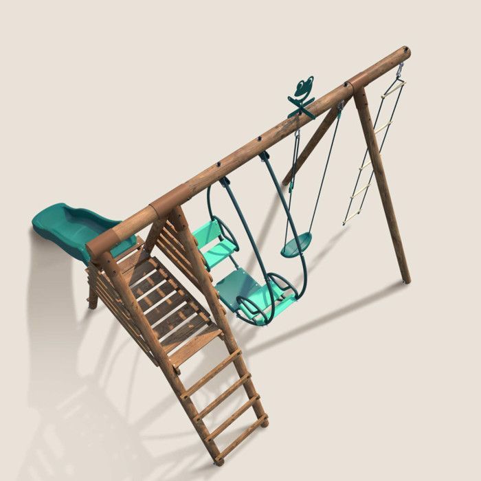 Portique en bois rond 3 agrès avec face à face, échelle et toboggan LAVANDE