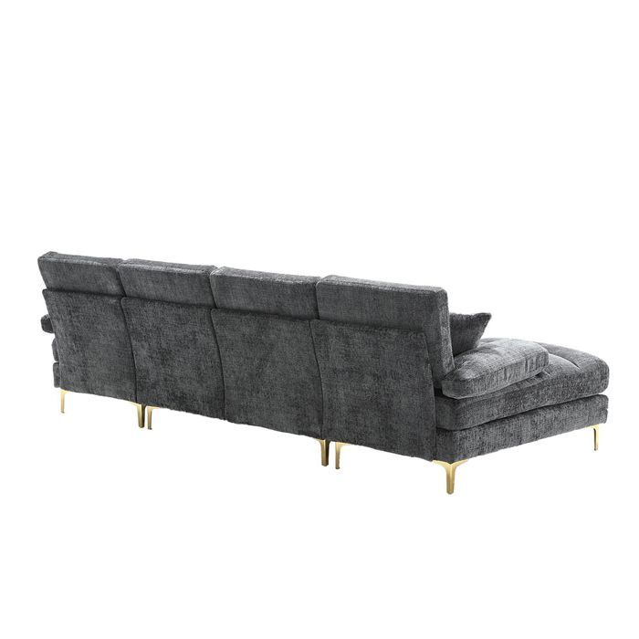 Sofá moderno de 4 plazas en forma de U, tapizado en chenilla con dos asientos, color gris.