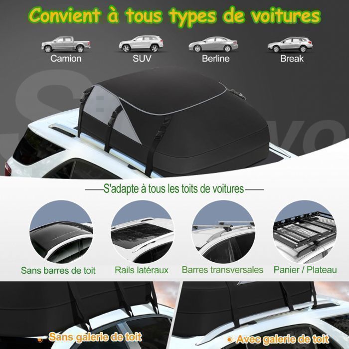 Sac de Toit Voiture - 600L - Coffre de Toit Souple 100% Imperméable pour Tous Véhicules avec/sans Barres de Toit - Muet + Cadenas