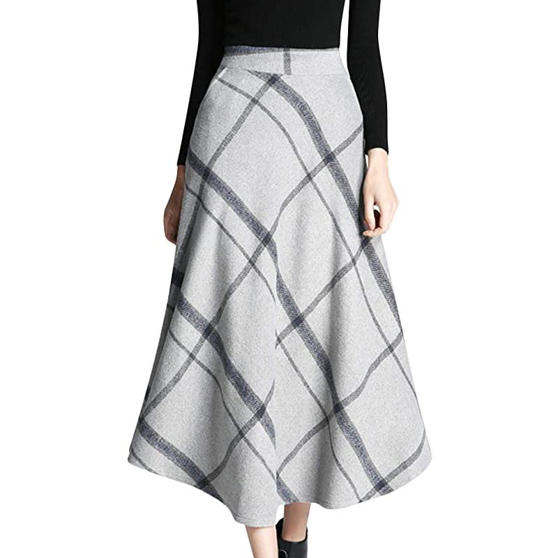 Jupe longue plissée trapèze en laine à carreaux, chaude et à taille élastique, pour femme, idéale pour l'hiver.
