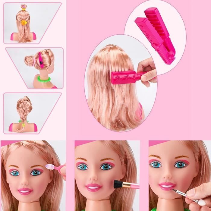 Tete à Coiffer et Maquiller Enfant Pretend Playset 44 Pièces, 22cm Haut Styling Tête Poupée Coiffure Jouet avec Sèche-Cheveux