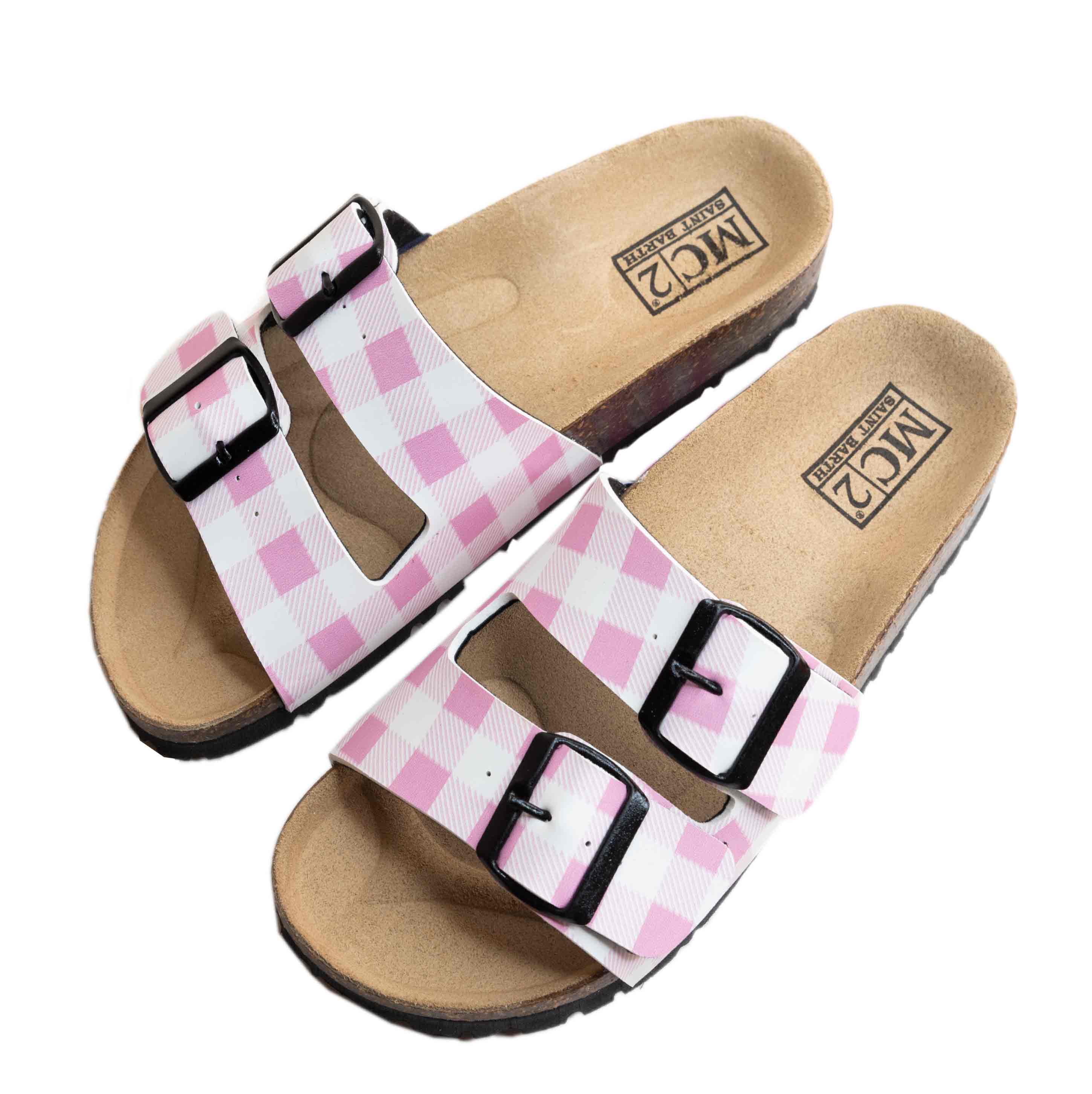 Roze kurken sandalen met Vichy-print