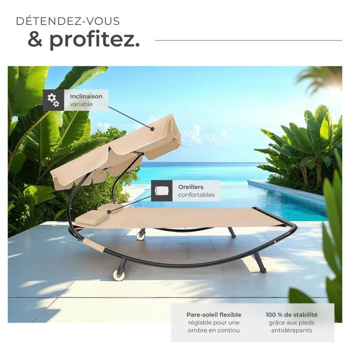 Bain de soleil - TECTAKE - Transat double en acier LIVORNO pour 2 personnes pare-soleil réglable 185 x 195 x 142-175 cm - Noir/Beige