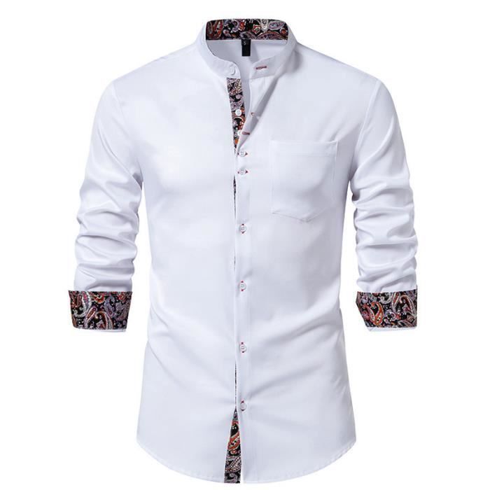 Men's Two-Tone Henry Collar Fashion Long Sleeve Button-Down Shirt - White - INSFITY - Slim Fit - Shirt Collar