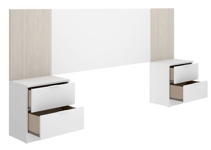 Ensemble de Tête de lit avec 2 tables de chevet de 2 tiroirs coloris imitation lamelles chêne naturel, blanc