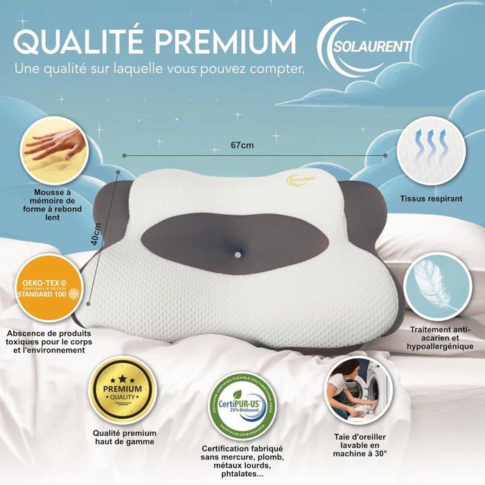 MORPHEALUX Gris - Almohada cervical ergonómica - Ortopédica - Espuma viscoelástica - Premium - Todas las posiciones