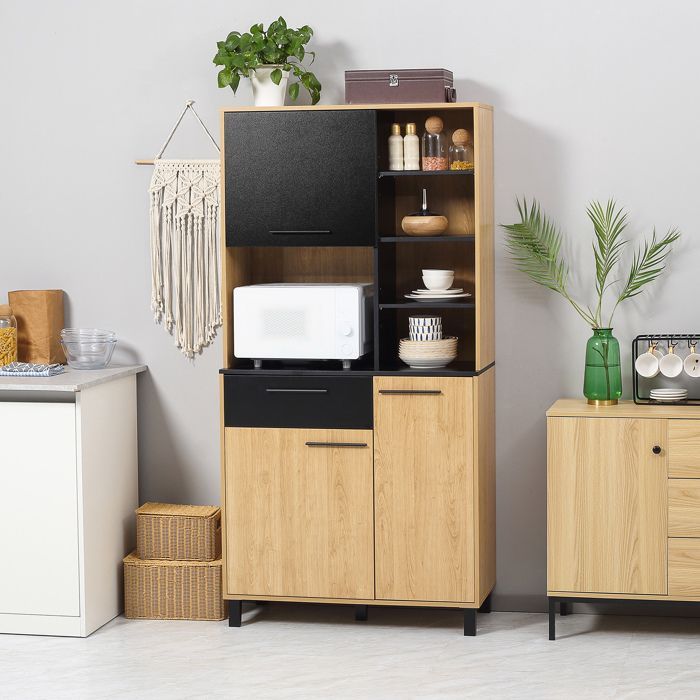 Buffet de cuisine - HOMCOM - armoire multi-rangements 1 tiroir 3 placards 4 niches passe-câbles - bois - hauteur 180 cm