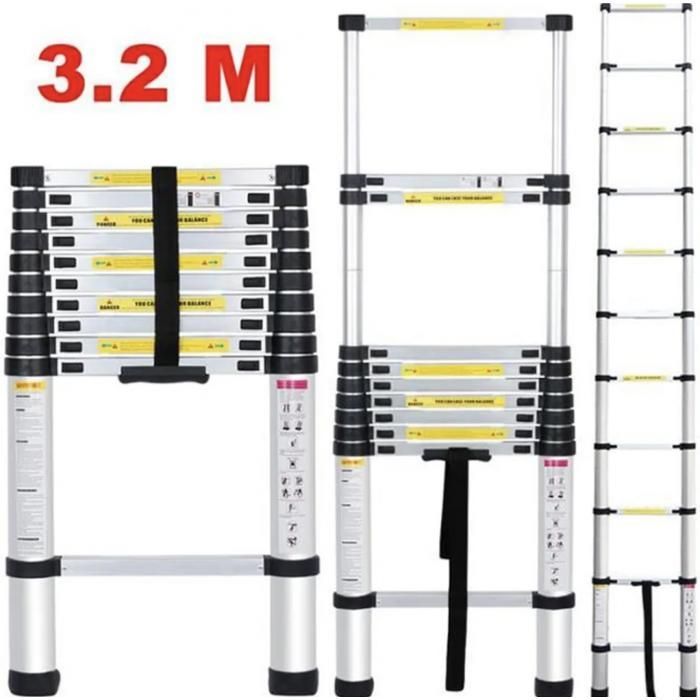 Escalera telescópica de aluminio de 11 peldaños, 3,2 m de altura, con barra estabilizadora.