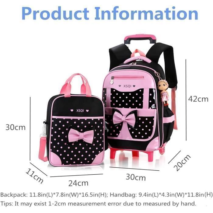 Astuccio e zaino scolastico con ruote per ragazze - MEGAWISE - Nero e rosa - 2 ruote - Papillon