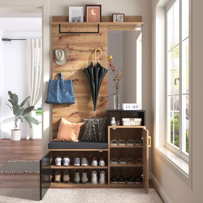 Entryway furniture - Wardrobe set with mirror and shoe cabinet, Entryway coat rack with hooks, 105x40x191.5cm, Black