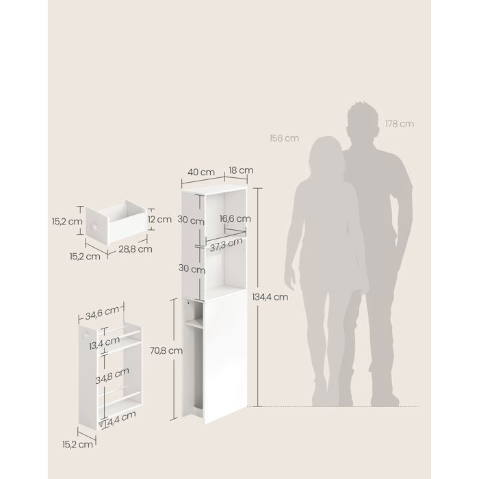 VASAGLE Hoge Badkamerkast, Slanke Opbergunit, Kolom met Laden en Verstelbare Plank, Kast, Dressoir, Wit