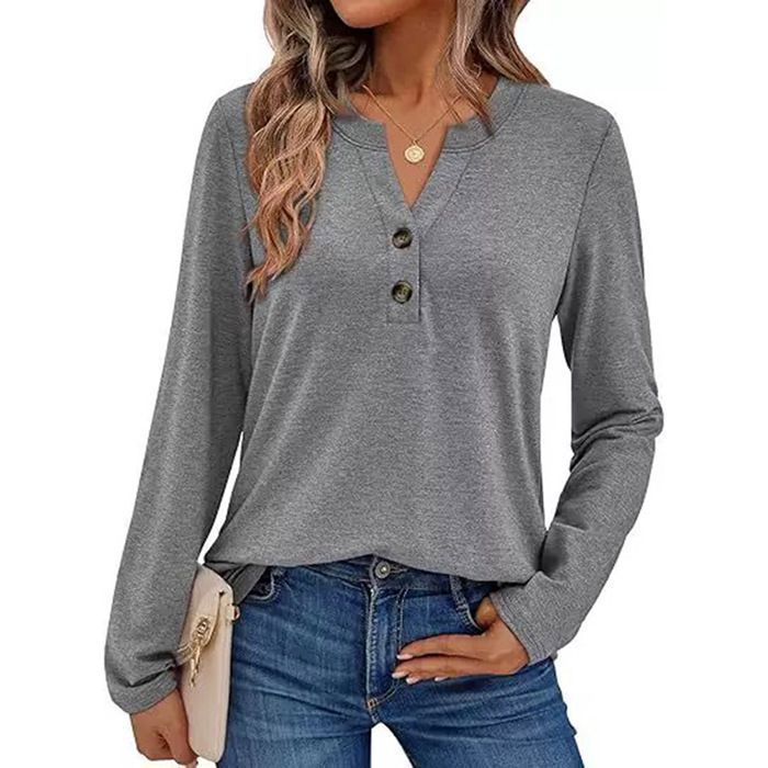 T-Shirt Manches longues Femme Printemps Col V Casual,Gris