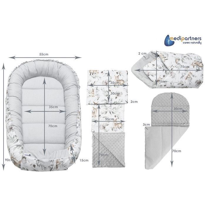 Medi Partners Baby Bed Reducer, 100% Cotton, Newborn Baby Nest with Removable Insert, 100x60x15 cm, Deer in Leaves, Grey