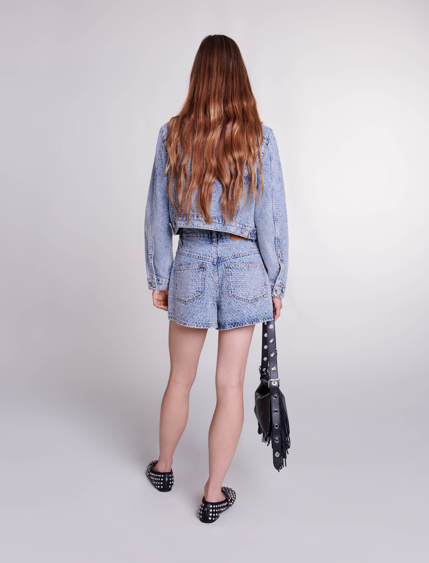 Denim shorts met jacquard en strass-steentjes - Blauw