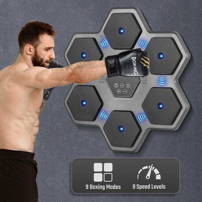 Máquina de boxeo musical Todeco para adultos y niños con guantes, 9 modos, contador automático, hexagonal.