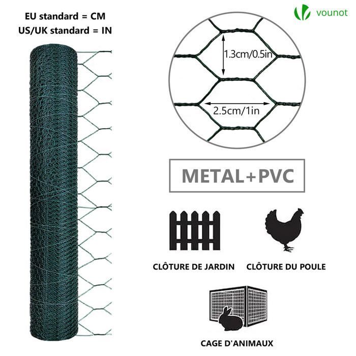 Malla metálica VOUNOT® para gallineros - Metal recubierto de PVC verde - Malla de 13 mm - 1 x 50 m - Cercado para gallineros