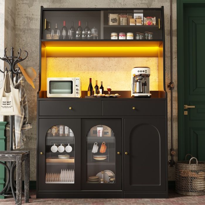 Aparador de cozinha preto com iluminação LED, armário com gavetas e prateleiras ajustáveis, 120 x 40 x 180 cm
