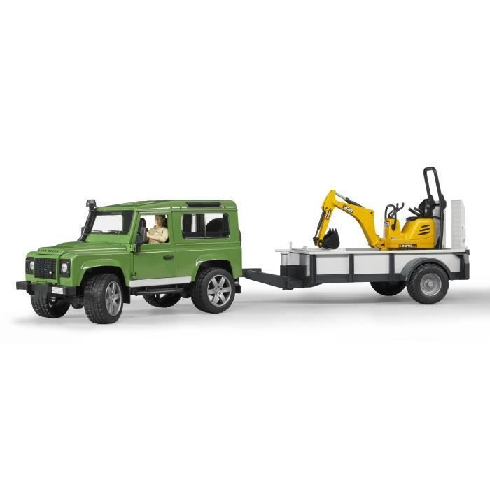 Land Rover Defender avec remorque et mini-pelle JCB - BRUDER