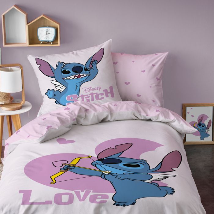 Set di biancheria da letto per bambini 100% cotone - DISNEY STITCH CUPID - Rosa - 140x200+63x63cm