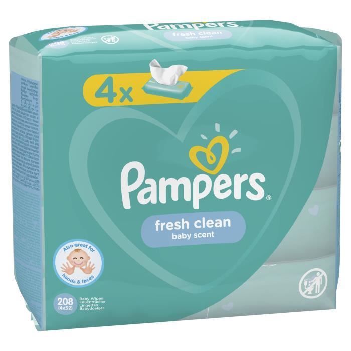 Lenços Umedecidos PAMPERS para Bebê FRESHCLEAN - Pacote com 4 caixas de 52 lenços cada - 208 lenços no total