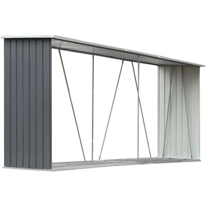 Leñera - vidaXL - 330x84x152 cm - Acero galvanizado - Gris - Techo tradicional