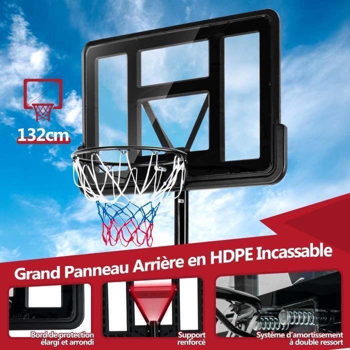 Aro de baloncesto independiente COSTWAY de 130-305 cm de altura ajustable con red de nailon, tablero irrompible, 2 ruedas y poste metálico.