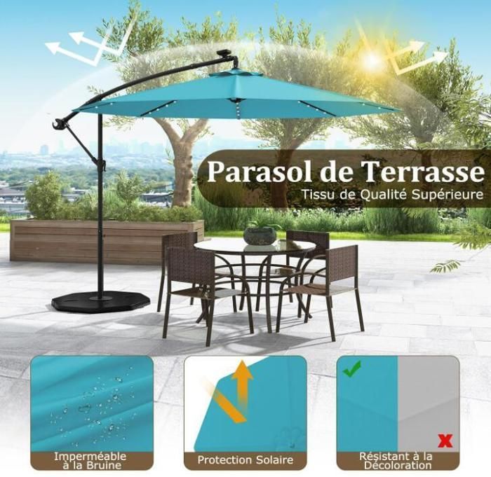 Parasol de Jardin Extérieur - RELAX4LIFE- Dia 300CM - 40 LED - 8 Baleines - Incliné 35°- Pied en Croix - Parasol Déporté -Turquoise