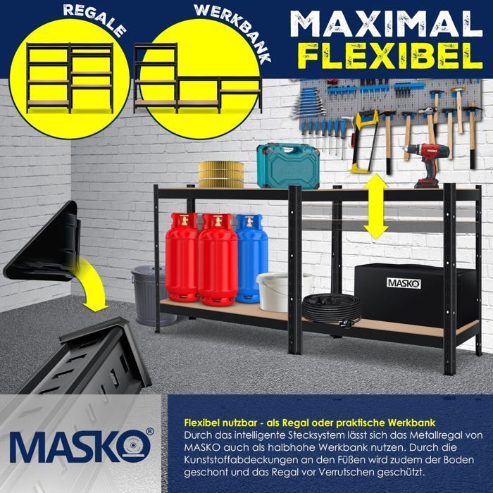 MASKO® Étagère charges lourde en métal max. 1200kg | Étagère de Stockage & Rangement à 4 niveaux pour garage & Atelier Noir