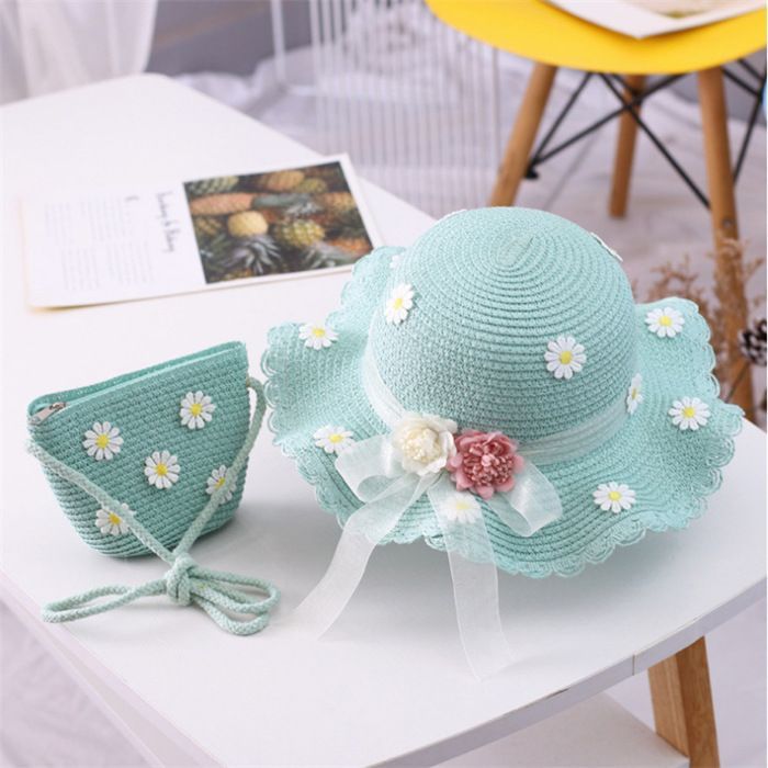 Conjunto de sombrero de paja y bolso para niña FUNMOON, pequeño, de 2 piezas, con estampado floral, nueva colección - 592061