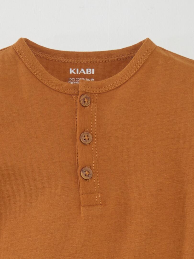 Effen T-shirt met knoopsluiting in de nek - ORANJE