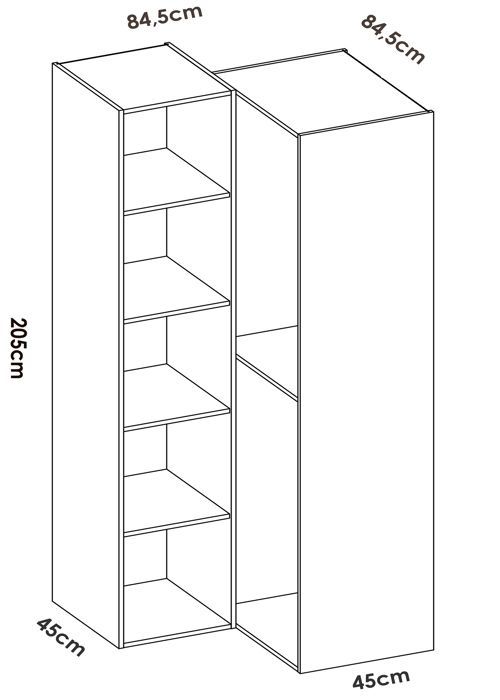 Guarda-roupa de canto com painel traseiro reversível em carvalho natural ou branco - Comprimento 84 x Profundidade 84 x Altura 205 cm