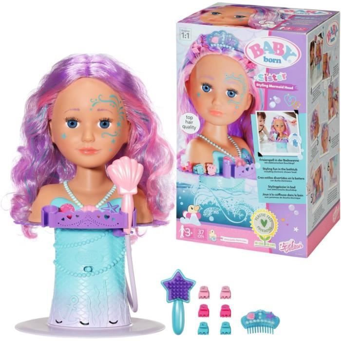 BABY BORN - Tête à coiffer Sirène - 1 Brosse à Cheveux Étoile de Mer, 1 Diadème et Barrettes - Tient sous l'eau - 37cm