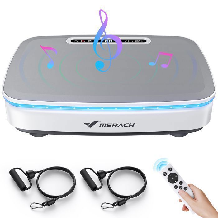 Plateforme Vibrante motorisée MERACH, 9 programmes, 99 Vitesses, Antidérapant, Écran LED, Télécommande, Bluetooth, 150kg Max, Blanc