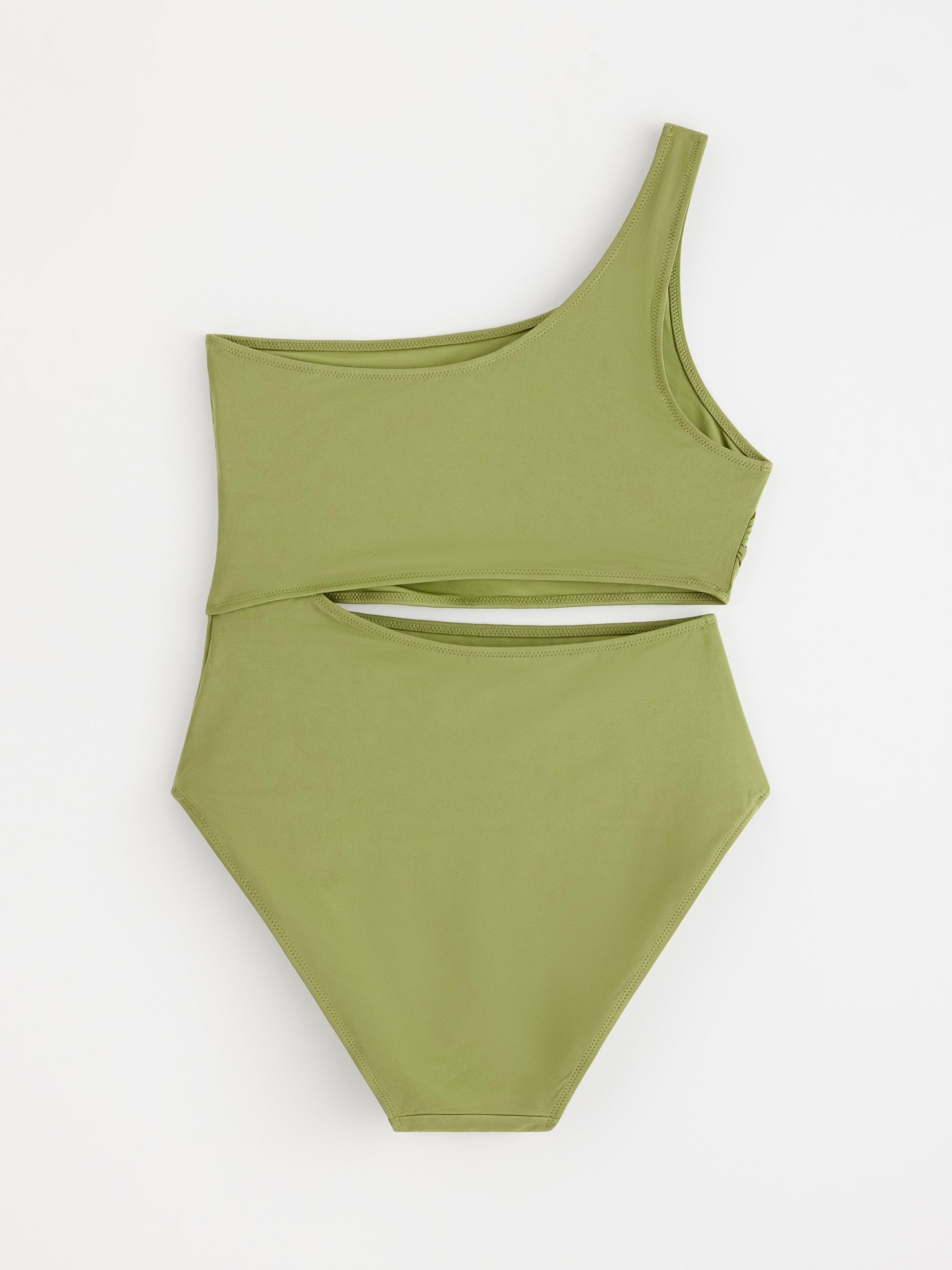 Costum de baie cu un umăr Verde deschis prăfuit