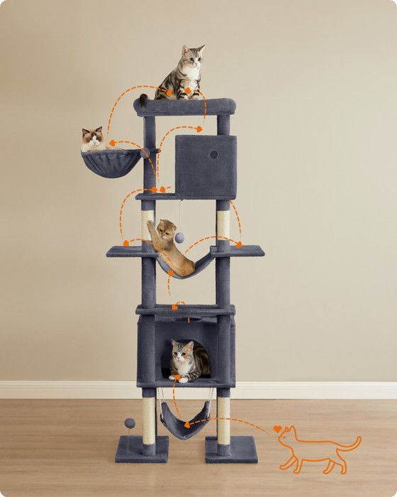 201cm Cat Tree, XXL Size, Multi-Level, 1 Platform, 1 Basket, 2 Caves, 2 Hammocks, Anti-Tip Device, Dark Grey