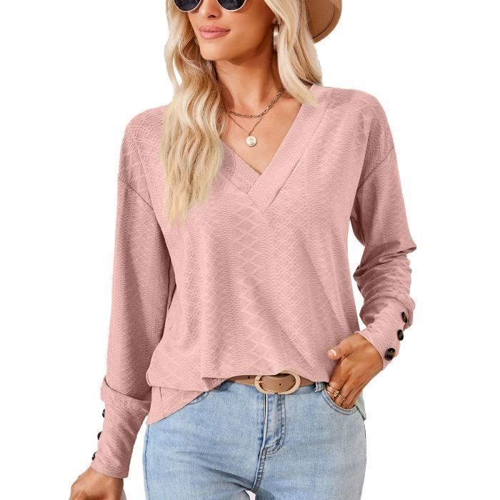 Pull Femme Col V Couleur Unie Pullover Lâche Tops Manches Longues Avec Boutons Pour Printemps Et Automne - Taille EU - Rose Clair